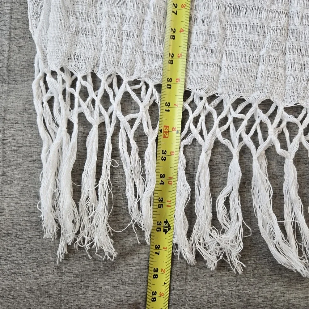 White Open Weave Rectangular Scarf Fringe Ends 21.5